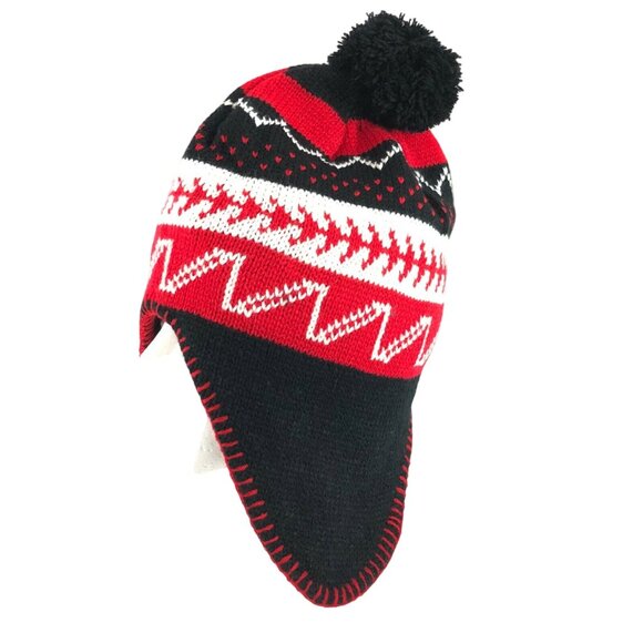 Polar Wear Kids Beanie Hat Ear Flaps Fleece Lined Striped Knit Pom Red Black OS - Picture 1 of 6